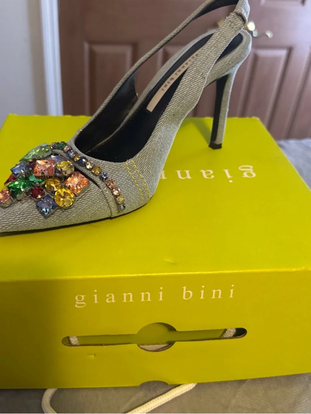Gianni Bini Light Gray Denim Slingback Pumps with Multicolor Gem Accents - Picture 2 of 6